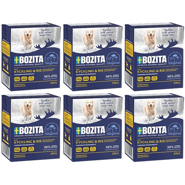Bozita vådfoder til hunde, kødstykker, kylling, ris, 6x370g