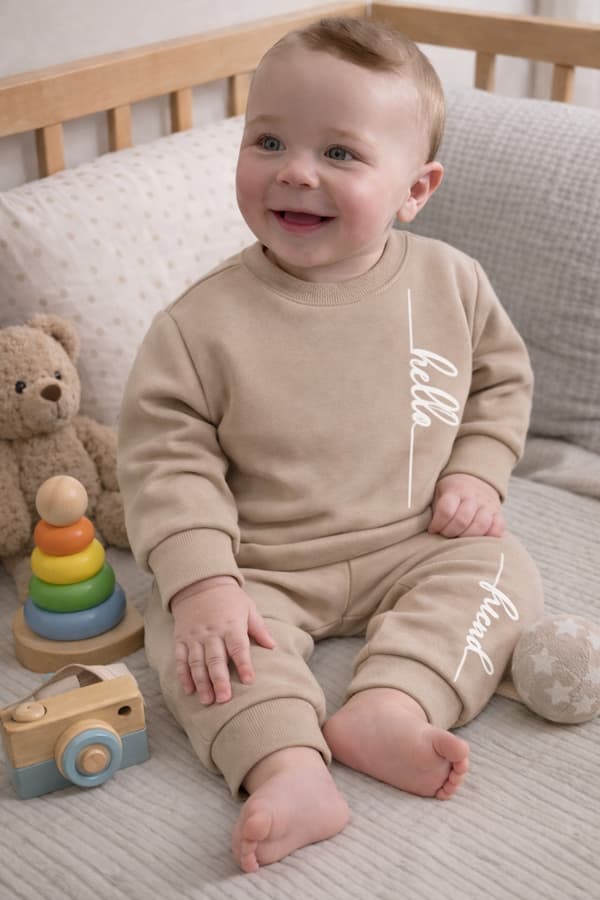 Barnträningsset WARM 86 tvådelat med tryck BEIGE