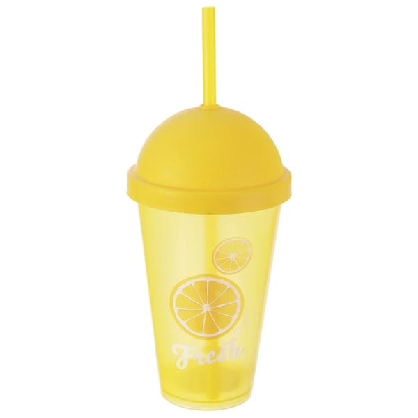 Plastikkrus med låg og sugerør 450 ml