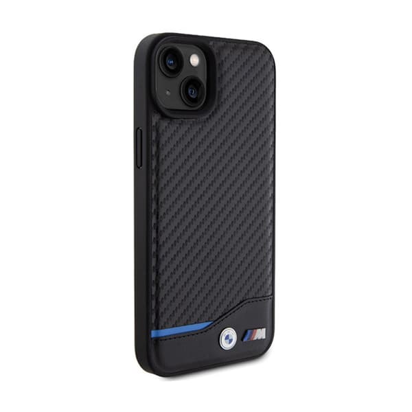 BMW Læder Carbon Blue Line - iPhone 15 Plus Etui (Sort)