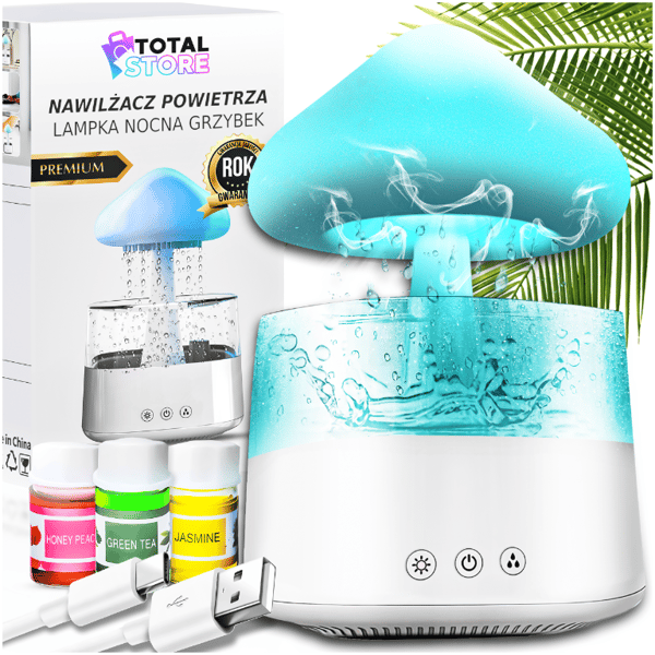 Stor svampelignende luftfugter, natlampe, LED-regndiffuser + 3 olier