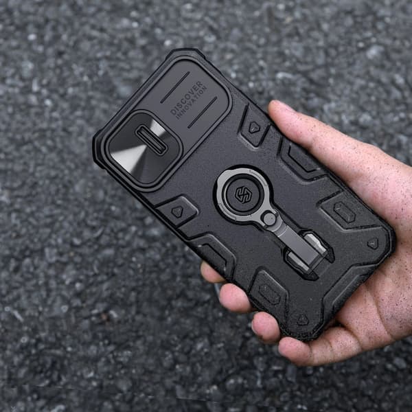 Nillkin CamShield Armor Pro-cover til iPhone 14 Plus – pansret cover med kameracover, ringstativ, sort