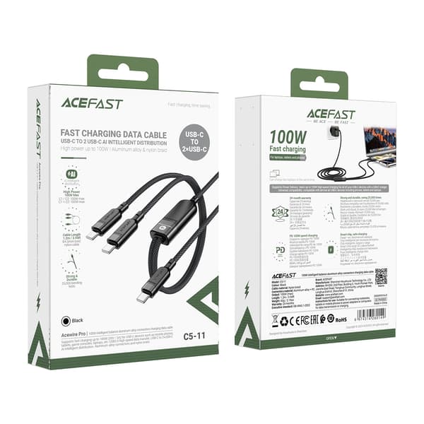 Acefast C5 USB-C - USB-C / USB-C 2-i-1-kabel 100W 480Mb/s - Sort