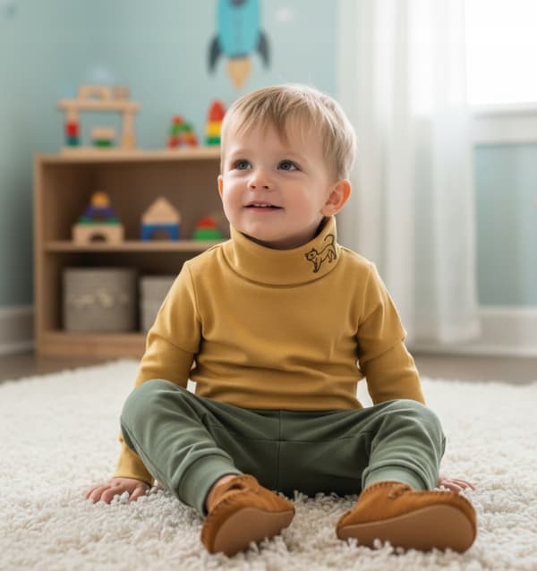 Barn TURTLENECK 98 SWEATSHIRT Barn T-SHIRTBLUS med SENAPSGRÖNT tryck