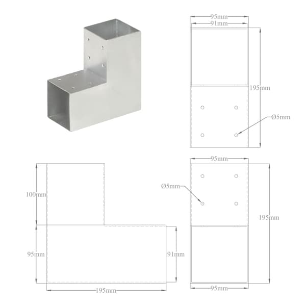 vidaXL L-formade kopplingar, 4 st, galvaniserad metall, 91x91 mm