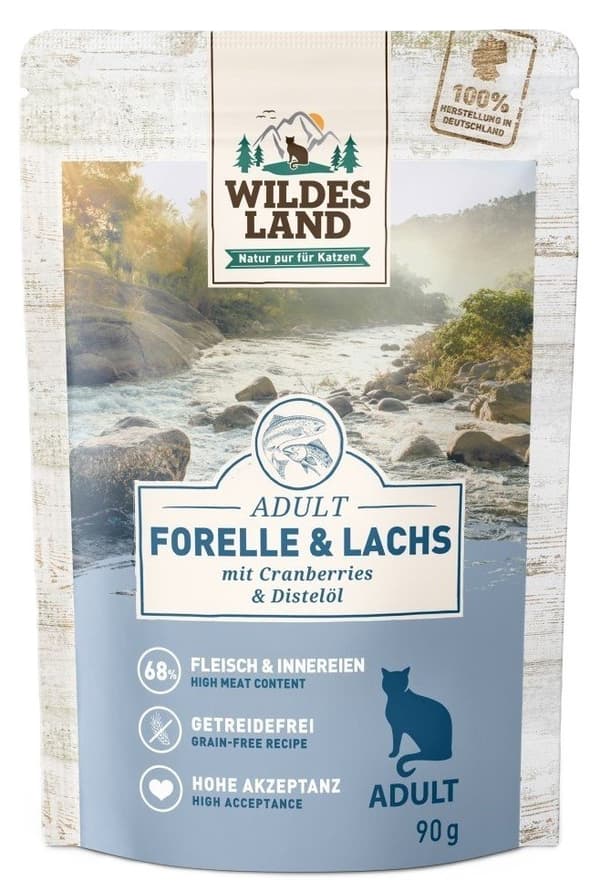Wildes Land Cat | Vådfoder til katte | Pose - Ørred og laks med tranebær 90 g