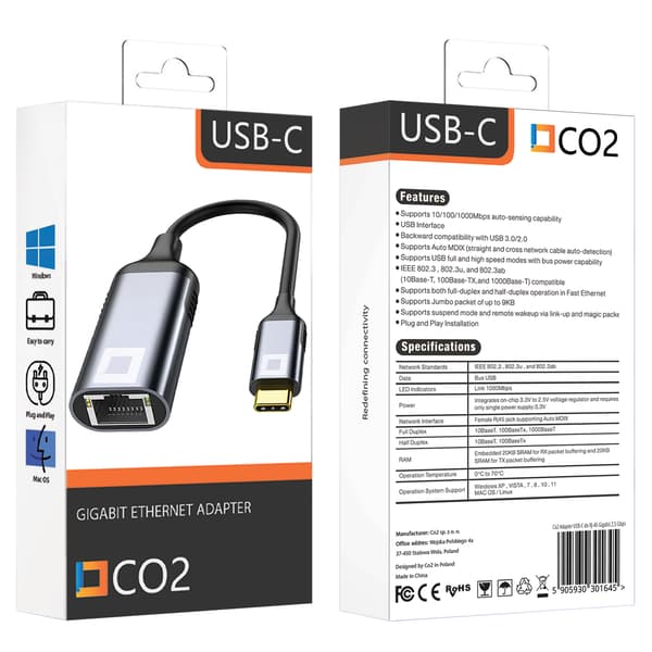 CO2 USB-C ETHERNET ADAPTER LAN NETVÆRKSKORT GIGABIT RJ45 1000MBPS
