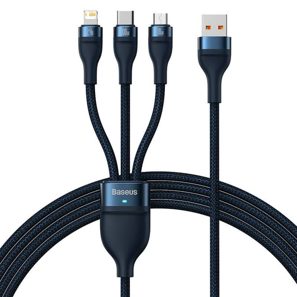 Baseus Flash Series 3in1 USB-kaapeli, USB-C + micro USB + Lightning, 100W, 1.2m (sininen)