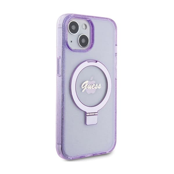 Guess Ring Stand Script Glitter MagSafe - iPhone 15 Plus -suojakuori (violetti)