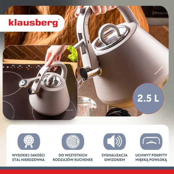 STÅLKEDEL MED FLØJTE 2,5L KLAUSBERG KB-7949 GRÅ