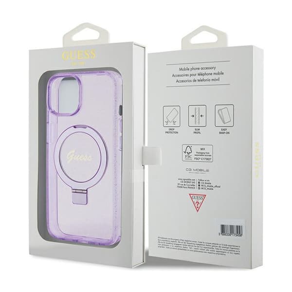 Guess Ring Stand Script Glitter MagSafe - iPhone 15 Plus -suojakuori (violetti)