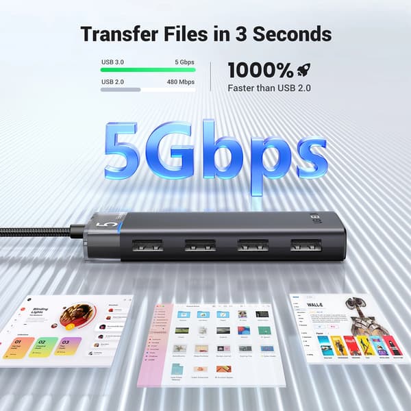 Ugreen CM653 HUB med 4 USB-A porte og USB-A strømkabel - Sort