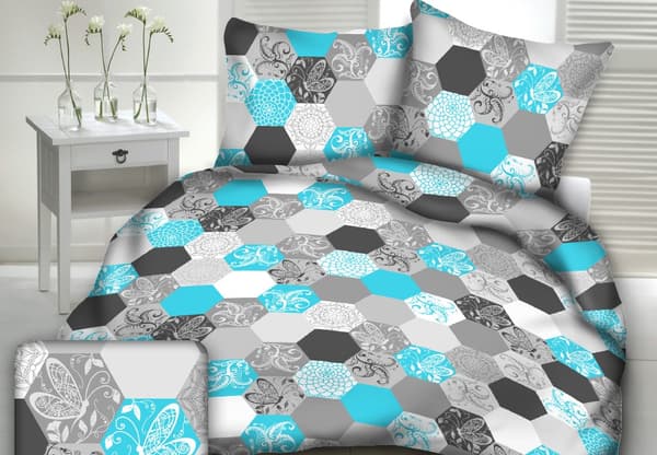 160x200 bäddset med turkos och grått hexagonmönster