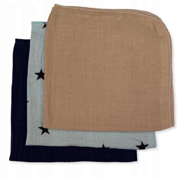 3-PAK mini muslin bleer 38x38 klude BEIGE, stjerne, marineblå