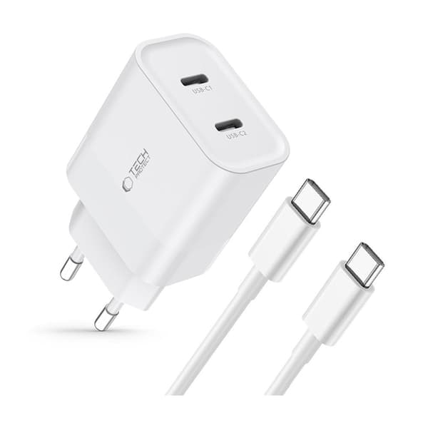 TECH-PROTECT C20W 2-PORTARS NÄTVERKSLADDARE PD20W + TYP-C-KABEL VIT