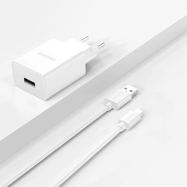Dudao A4EU USB-A 2.1A väggladdare - vit + USB-A - USB-C-kabel