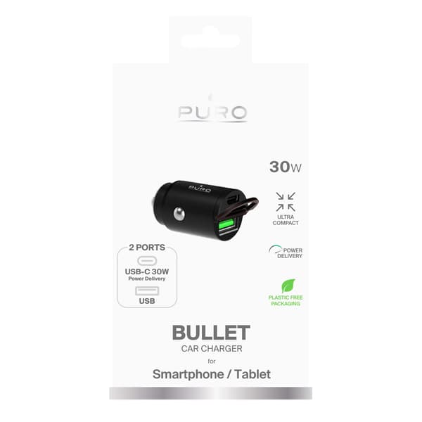 Puro Mini 30W strømforsyning USB-C USB-A biloplader - sort