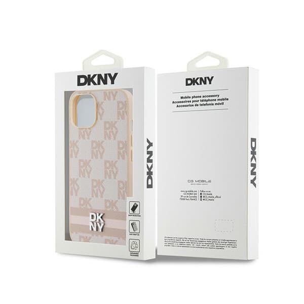 DKNY Læder Ternet Mono Mønster & Trykte Striber - iPhone 15 Plus / 14 Plus Etui (Pink)