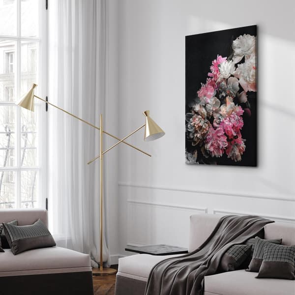 Maleri - Peony Charm (1-delt) - farverig blomsterbuket på sort baggrund