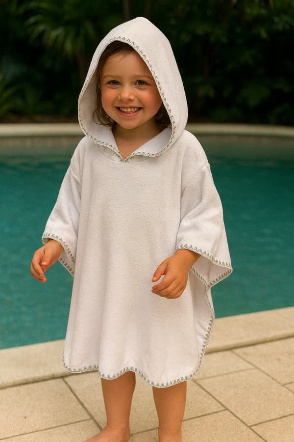Børnekappe 104-110 håndklæde med HÆTTE poncho pool, strand, PE HVID