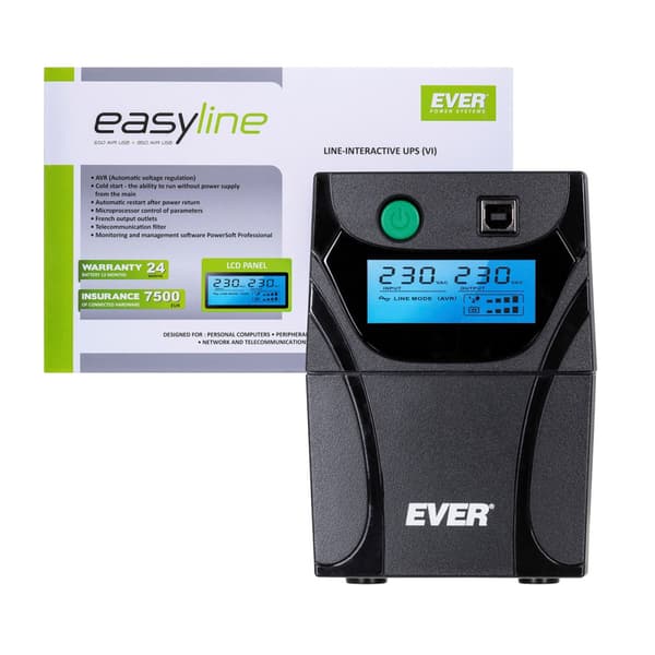 Ever EASYLINE 650AVR USB UPS, 0,65 kVA, musta