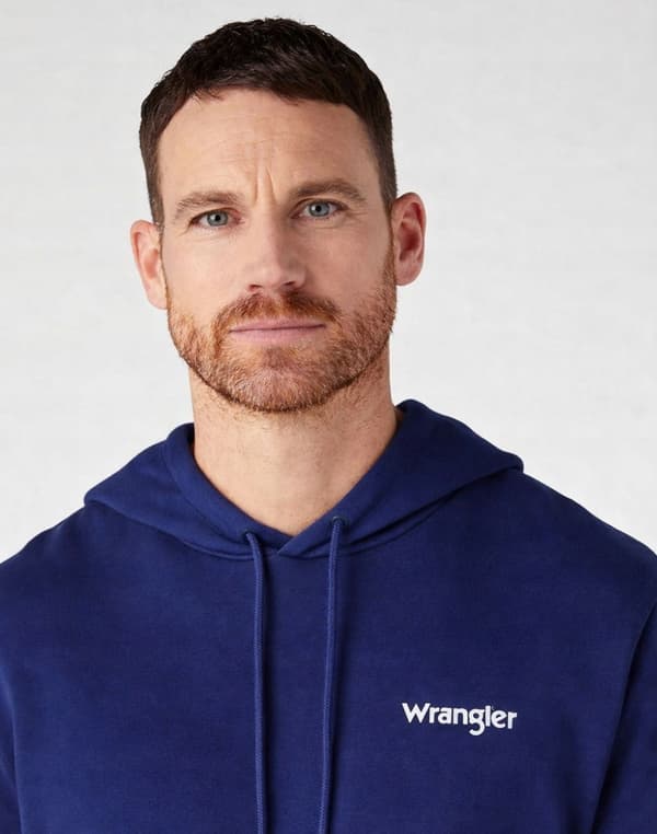 Wrangler grafisk huvtröja mörkblå herr bomull kängurulomma L