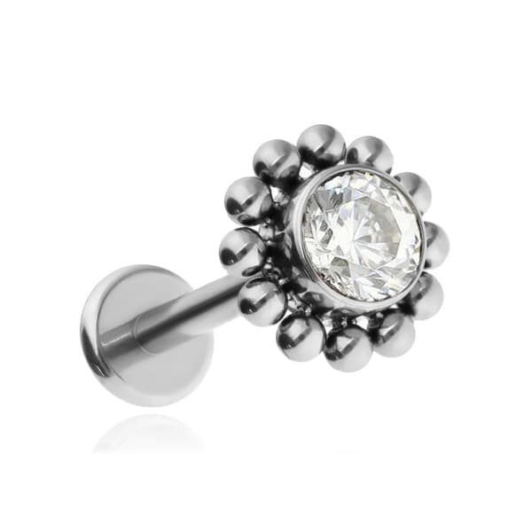 Titanium labret ørering med hvid zirkon - sølv 1.2/8