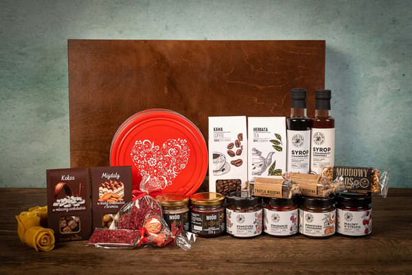 Presentask stor låda 22 produkter te kaffe honung sylt