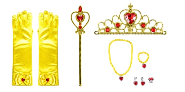 Bella Guld Prinsesse Kostume Sæt - Krone, Scepter, Handsker, 7 Dele