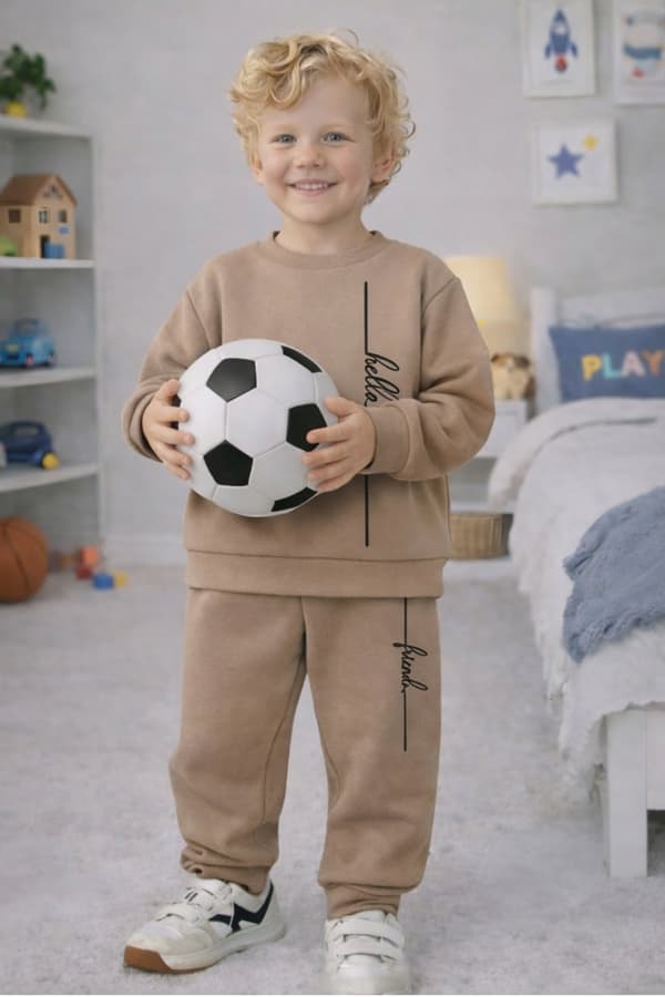 WARM barnträningsset 128 tvådelat med tryck beige