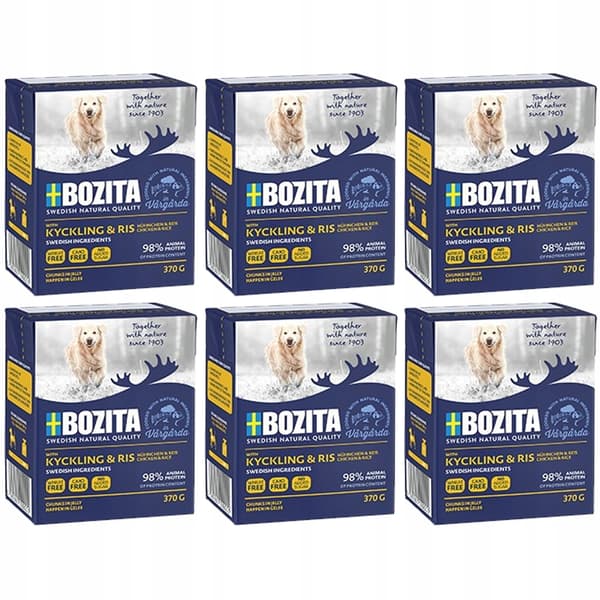 Bozita vådfoder til hunde, kødstykker, kylling, ris, 6x370g
