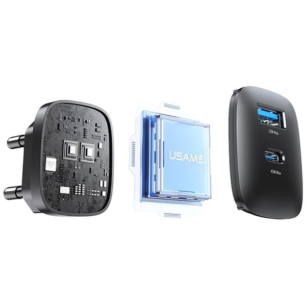 USAMS CC290 T66 45W GaN Vægoplader 1xUSB-A 1xUSB-C Sølv