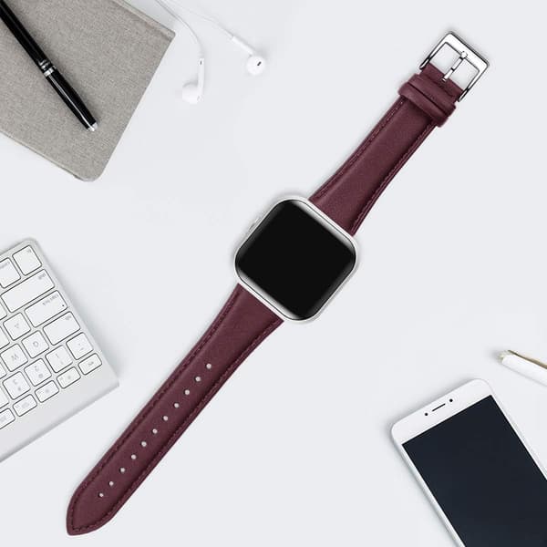 URREM TIL Fitbit Versa/Versa 2/LITE/SE RØDVIN ÆGTE LÆDER