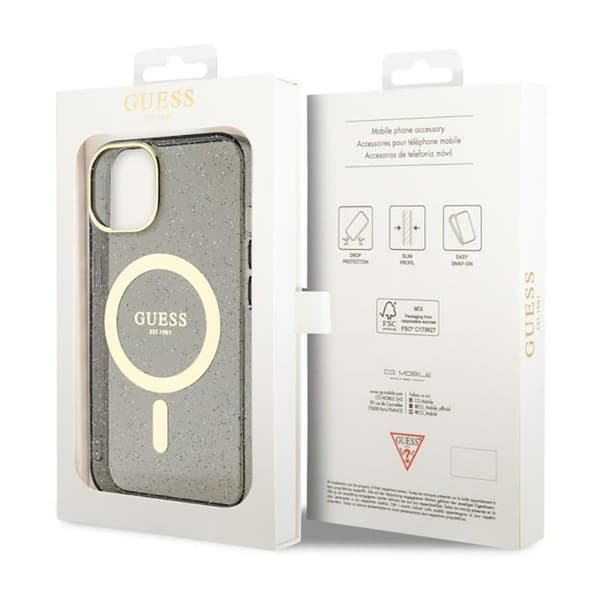 Guess Glitter Gold MagSafe - iPhone 14 -kotelo (musta)