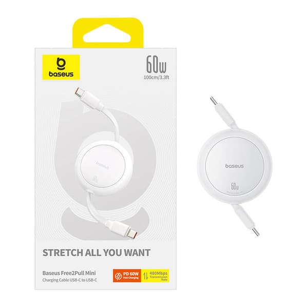Baseus Free2Pull Mini USB-C til USB-C kabel, 60W, 1 stk., (hvid)