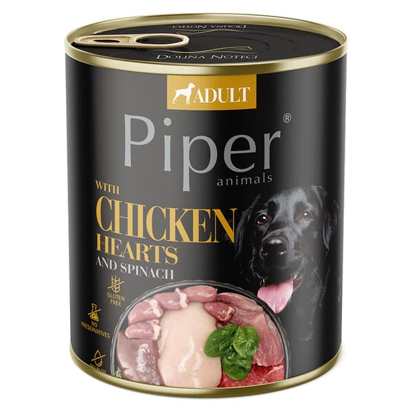 PIPER vådfoder til hunde med kyllingehjerter og spinat 800 g