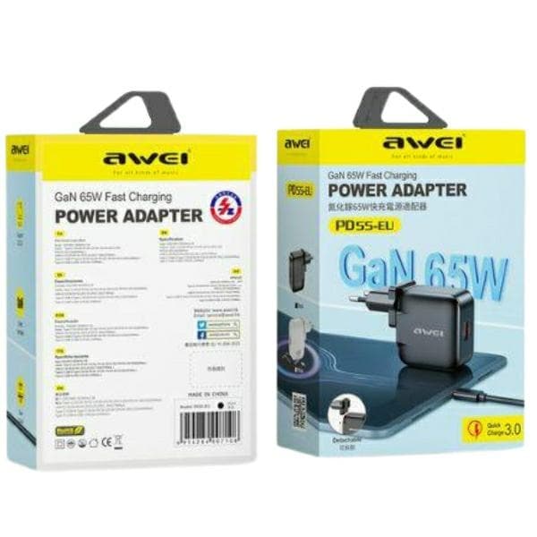 AWEI PD55-EU 65W USB + USB-C musta/GaN laturi