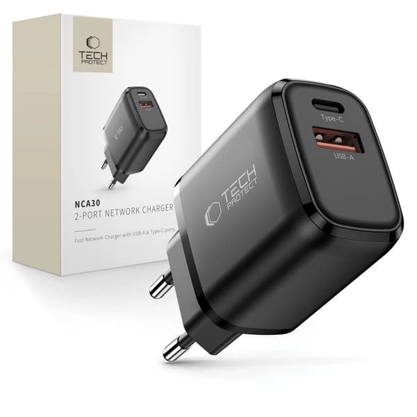 Tech-Protect NCA30 PD 30W / QC3.0 USB-A / USB-C vægoplader - sort