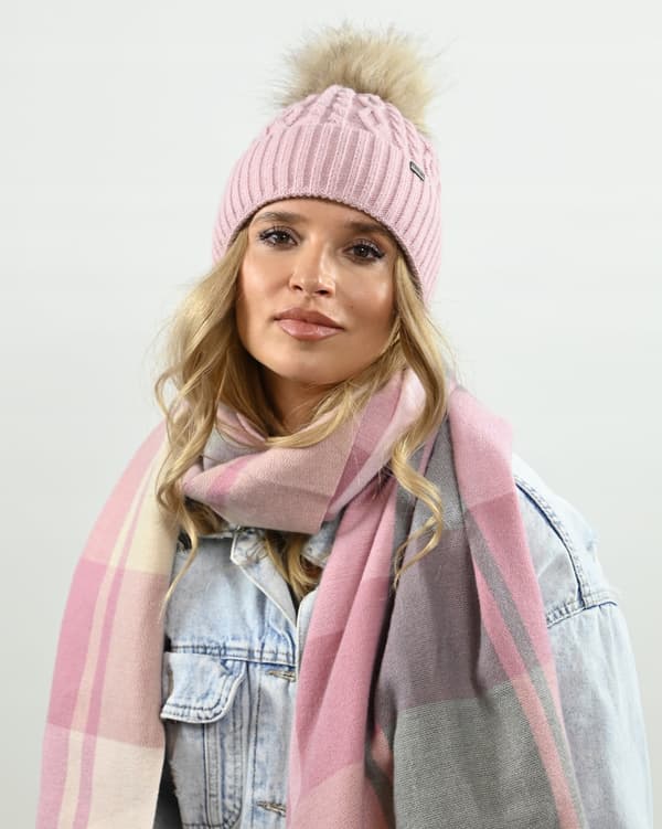 Damvintermössa i rosa med pompom, varm fleecemössa PL