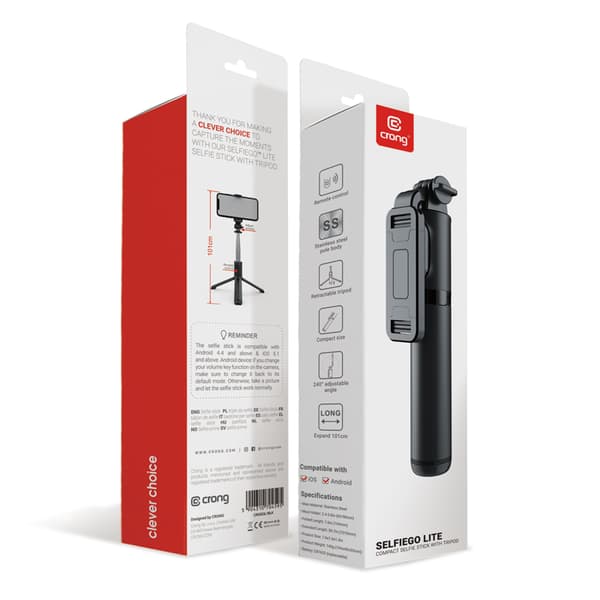 Crong SelfieGo Lite - Kompakt Bluetooth Selfie Stick-stativ (Sort)