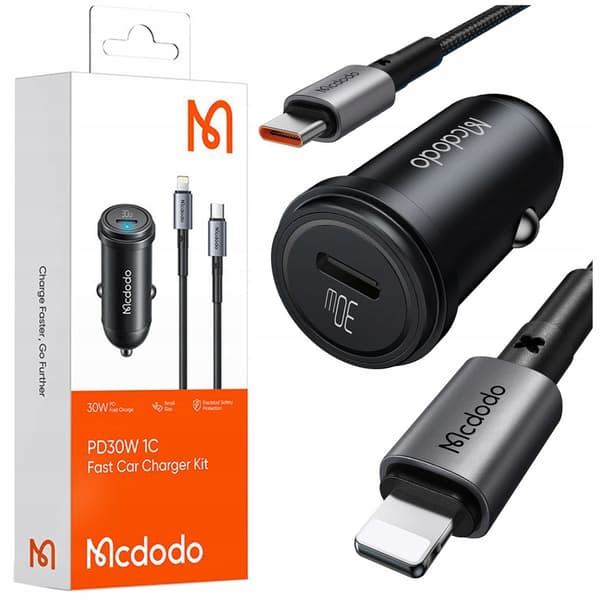 MCDODO HURTIG BILOPLADER TIL USB-C TELEFON LED + LIGHTNING-KABEL