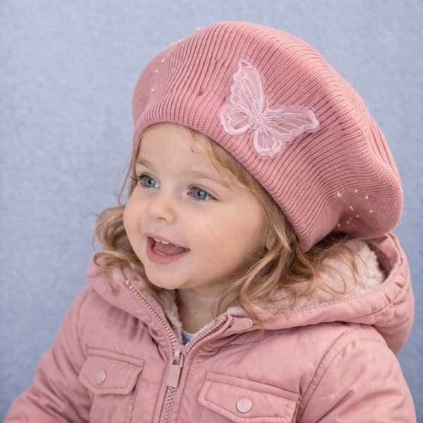 Piger baret 46-50 sommerfuglehat perler elegant forår mørk pudder