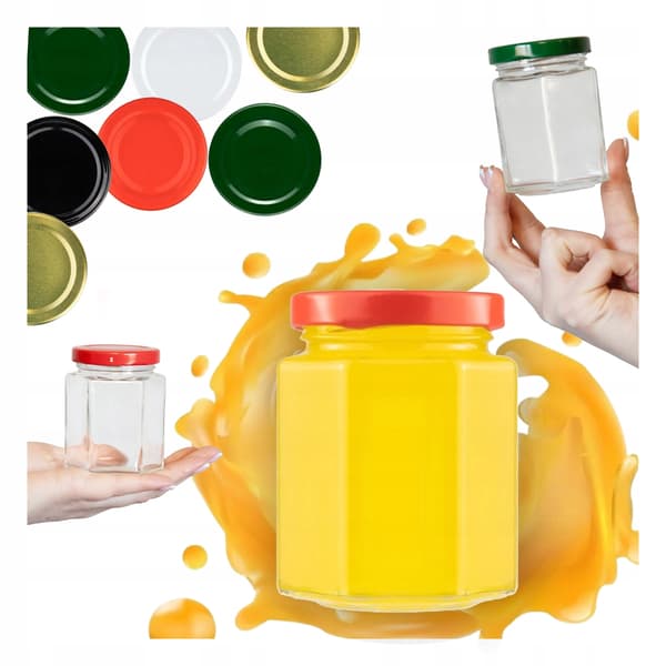 5x GLAS sekskantede 200ml til marmelade, honning, syltetøj, krydderier