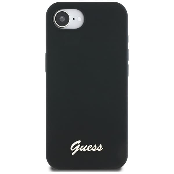 Guess silikoninen Script Metal Logo MagSafe -kotelo iPhone 16e:lle, musta