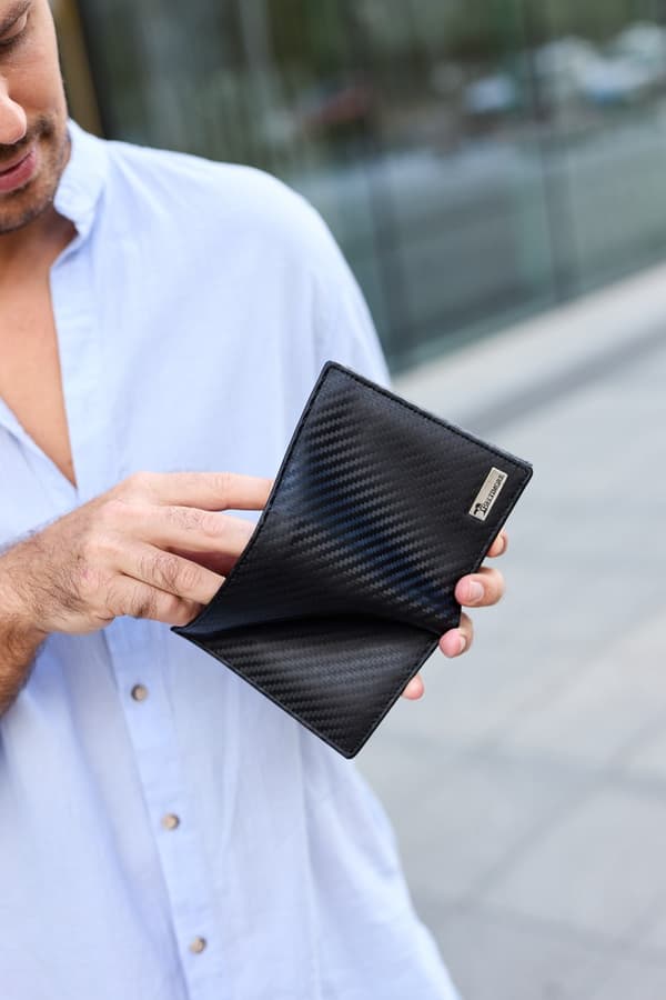 Herr klassisk läderplånbok RFiD stor svart kolfiber premium Beltimore