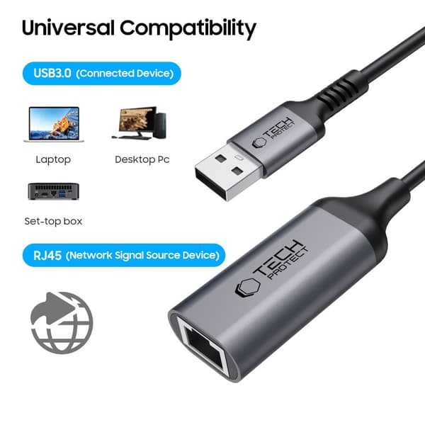 TECH-PROTECT ULTRABOOST ADAPTER USB 3.0 TIL ETHERNET RJ45 1000MBPS SORT