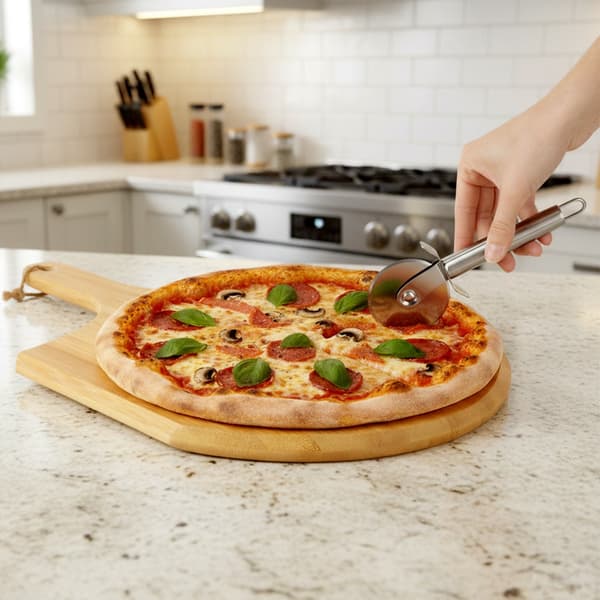 Tulikivinen pizzakivi lapiolla ja veitsellä 3 kpl