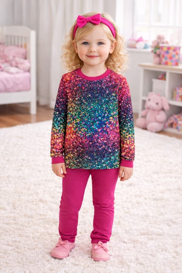 122 Pigebluse, langærmet, DIGITALTRYK, 100% bomuld, GLITTER