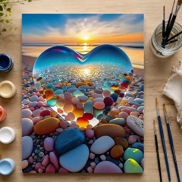 Mal efter tal billede med ramme Glashjerte på stranden 50x70 cm