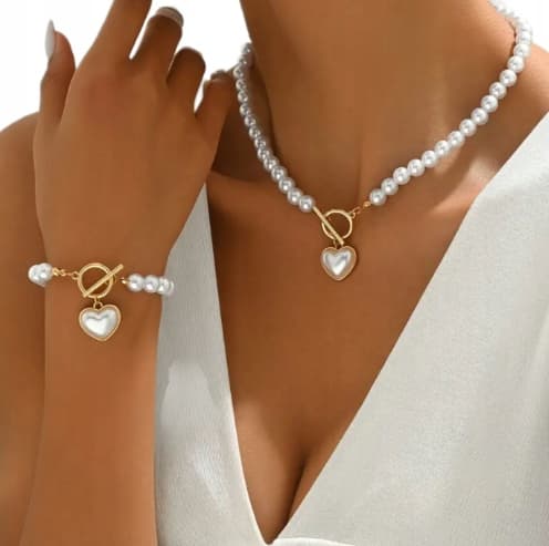 Sæt Halskæde Armbånd Perler Farve Guld Hvid Klassisk Hjerte Choker